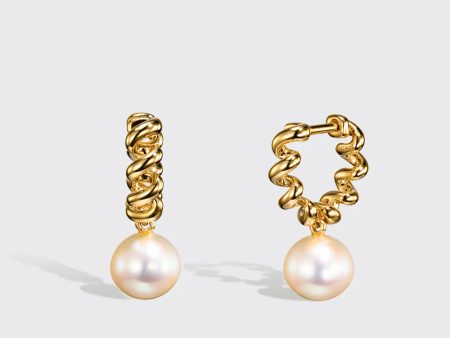 Yellow Gold and White Pearl Beaching Earrings For Discount