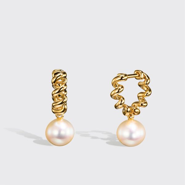 Yellow Gold and White Pearl Beaching Earrings For Discount