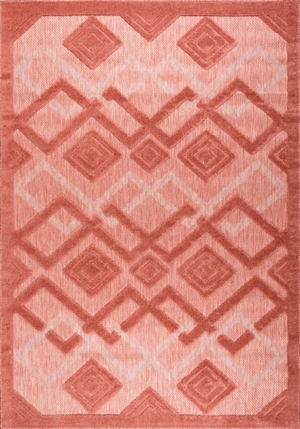 Geometric Modern Contemporary Outdoor Indoor Area Rug Carpet For Patio, Porch, Dining Area, Balcony, Living Room, Bedroom - Salmon Red, Blue, Cream Beige, Grey Supply