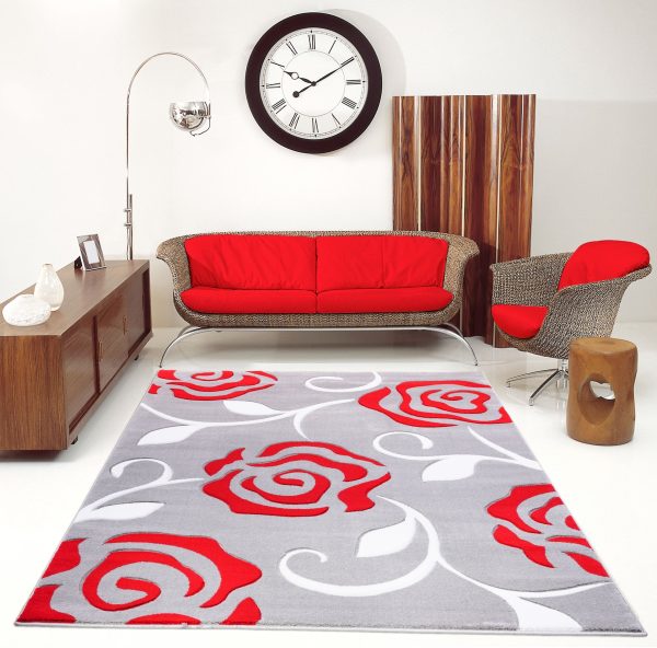 Grey Red Rose Pattern Area Rug Online