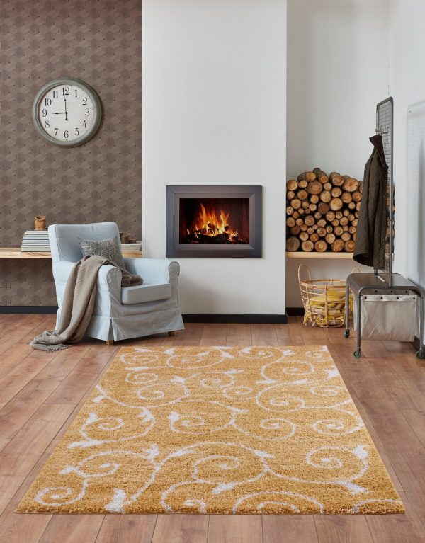 Shaggy Rabat Abstract Pattern Sustainable Spirals Style Indoor Rug in Dark Yellow White Discount