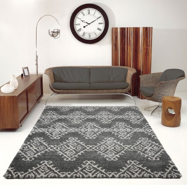 Oriental Motif Gray Ivory Shaggy Area Rug Online Sale