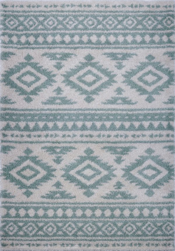 Damask Trellis Ivory Aqua Green Shaggy Area Rug on Sale