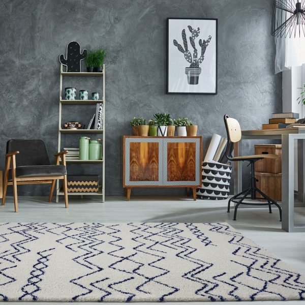 Shaggy Moroccan Ivory Navy Blue Area Rug For Sale