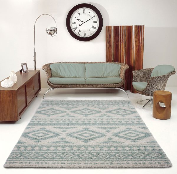 Damask Trellis Ivory Aqua Green Shaggy Area Rug on Sale