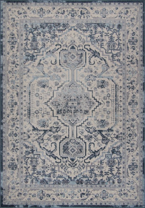 Goldline Cream Ivory Blue Bordered Persian Style Area Rug Cheap