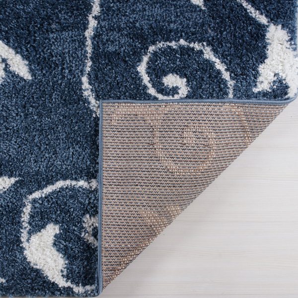 Shaggy Rabat Abstract Pattern Sustainable Spirals Style Rug in Blue White For Sale