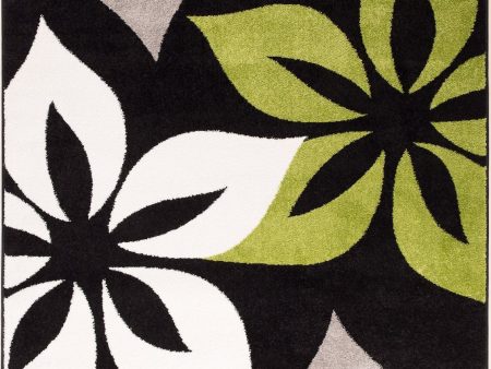 Green Flower Black Area Rug Online Sale