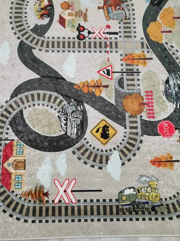 Beige Train Tracks Flatweave Play Area Rug For Cheap