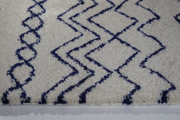 Shaggy Moroccan Ivory Navy Blue Area Rug For Sale