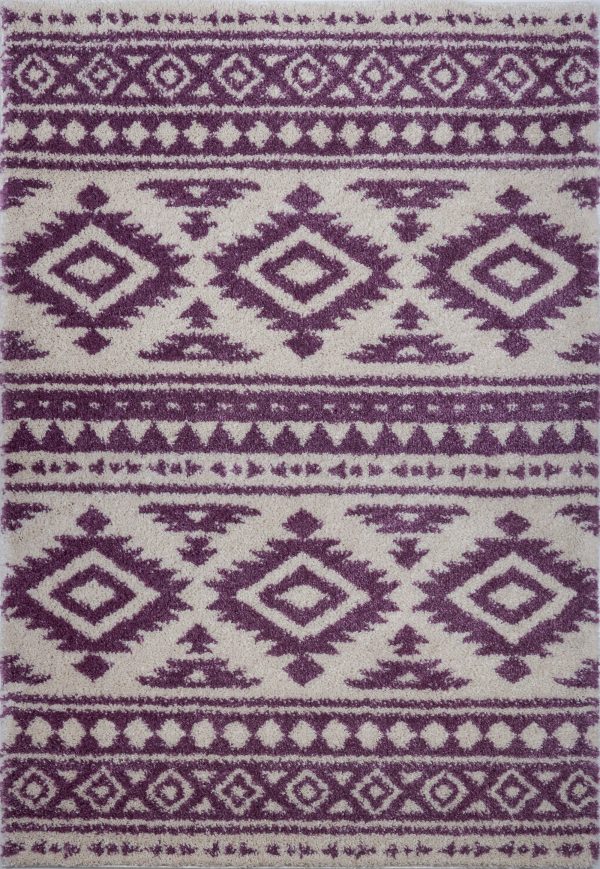 Damask Trellis Ivory Berry Purple Shaggy Area Rug on Sale