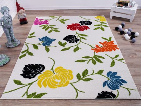 Cream and Green Made in Europe Colourful Flowers Area Rug Carpet on Sale