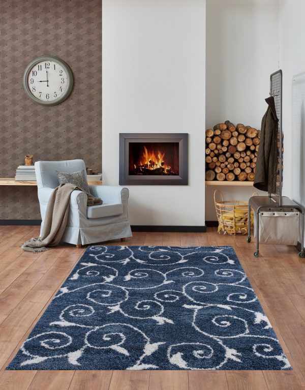 Shaggy Rabat Abstract Pattern Sustainable Spirals Style Rug in Blue White For Sale